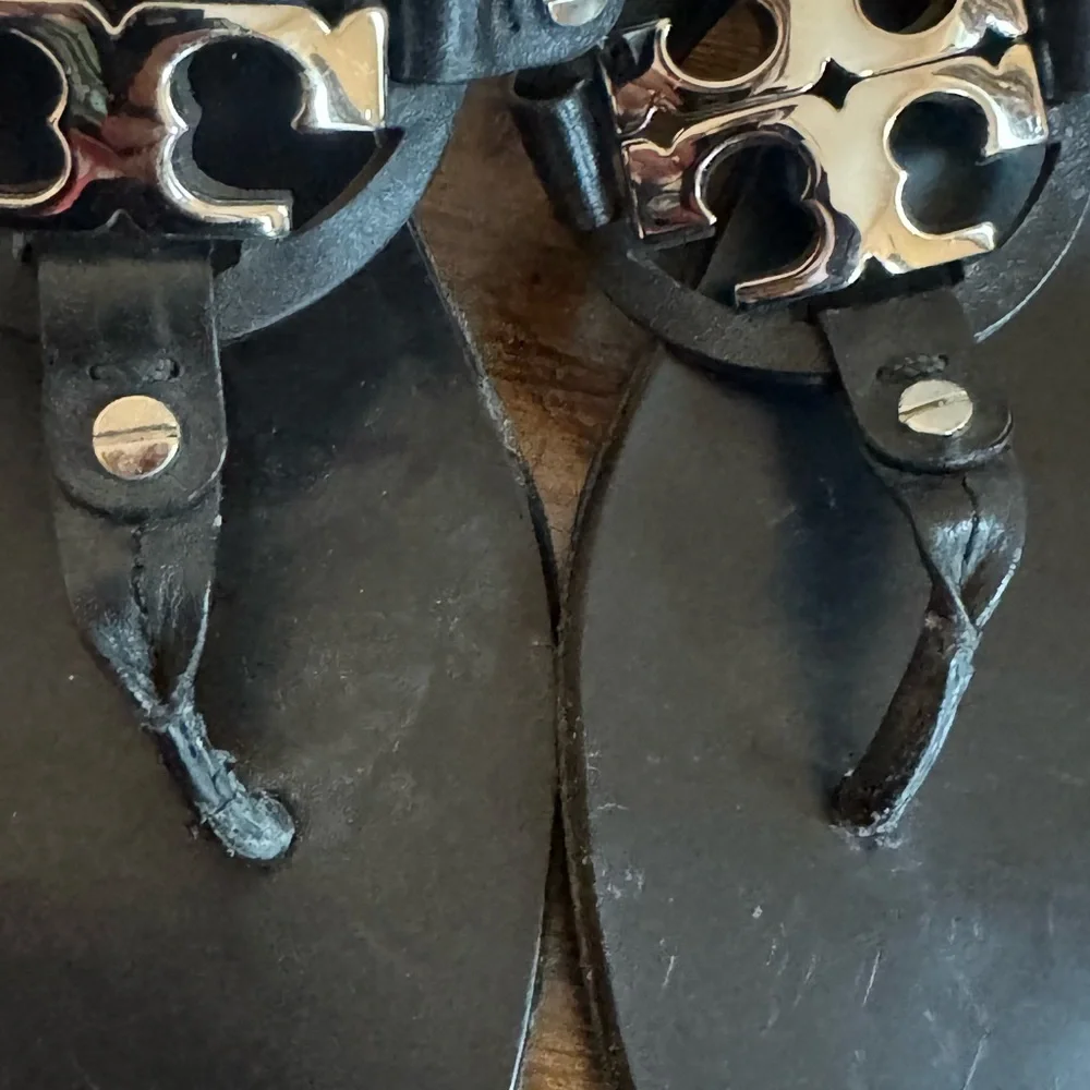 Tory Burch Black Thong Sandals with Silver Logo Size 8M